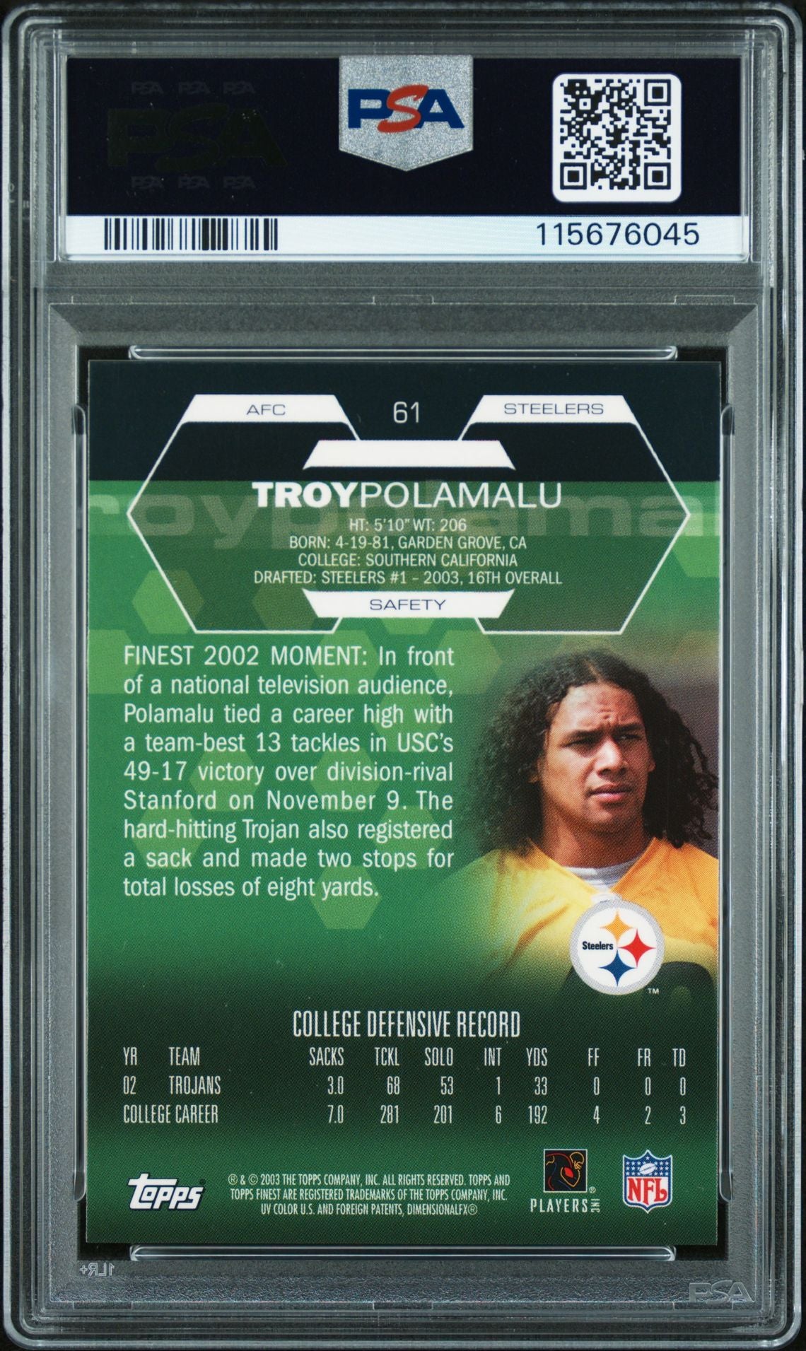 Troy Polamalu 2003 Topps Finest Signed Football Rookie Card #61 Graded PSA 9 Authentic Auto Cert # 115676045