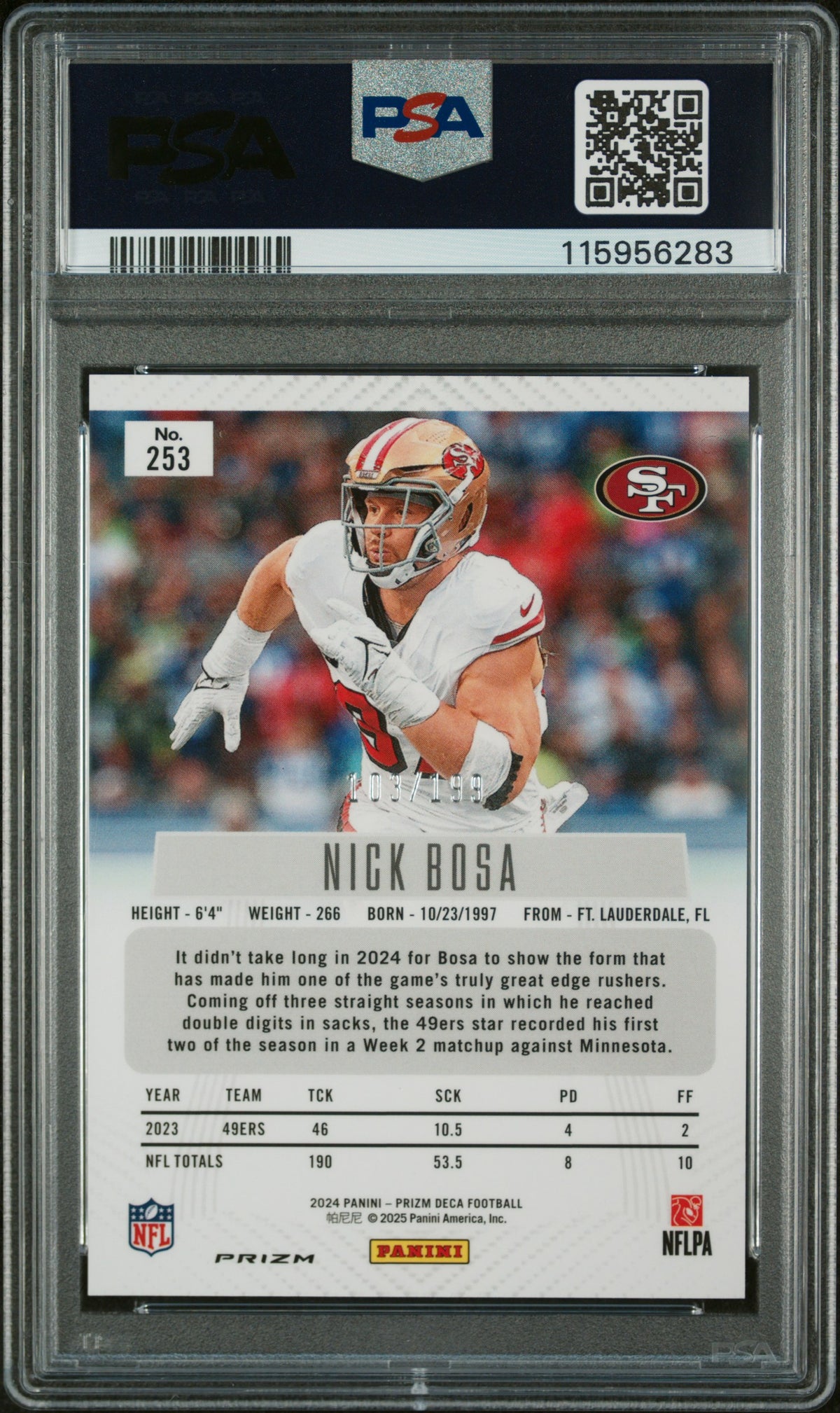Nick Bosa 2024 Panini Prizm Deca Red Football Card #253 Graded PSA 10 103/199 Cert # 115956283-Powers Sports Memorabilia
