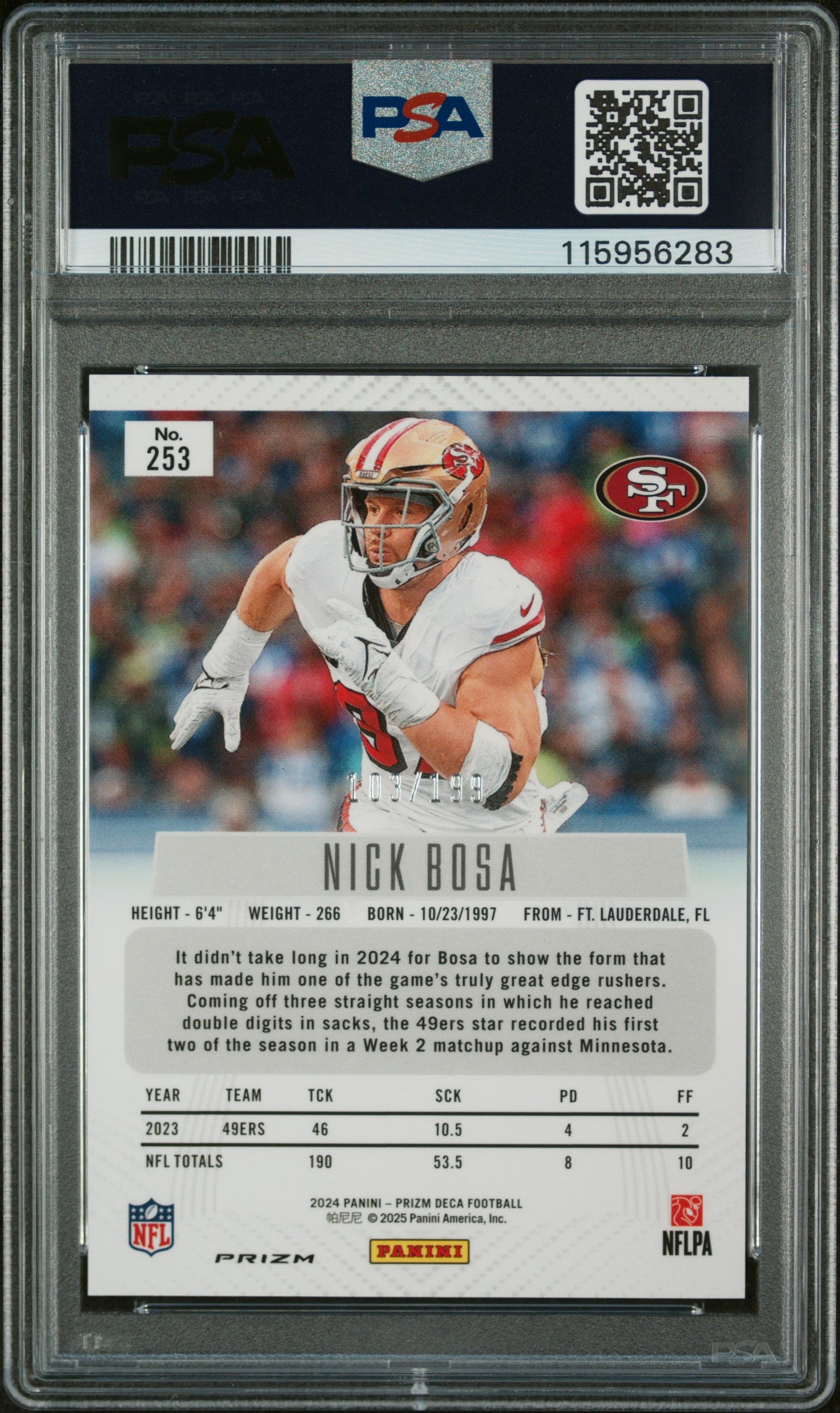 Nick Bosa 2024 Panini Prizm Deca Red Football Card #253 Graded PSA 10 103/199 Cert # 115956283-Powers Sports Memorabilia