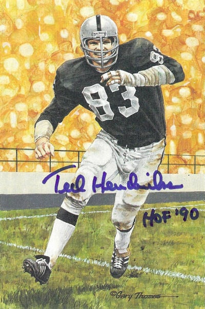 Ted Hendricks Signed Oakland Raiders Goal Line Art Card Blue w/HOF 90-Powers Sports Memorabilia