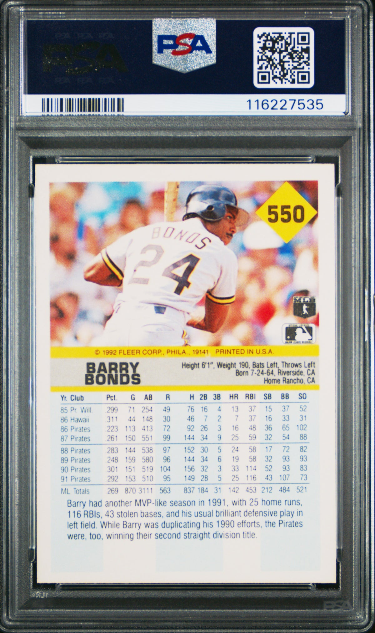 Barry Bonds 1992 Fleer Pittsburgh Pirates Baseball Card #550 Graded PSA 10 Cert #116227535-Powers Sports Memorabilia