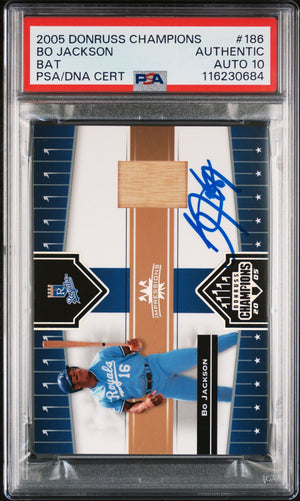 Bo Jackson 2005 Donruss Champions Game Used Bat Baseball Signed Card #186 Auto Graded PSA 10 Cert # 116230684-Powers Sports Memorabilia
