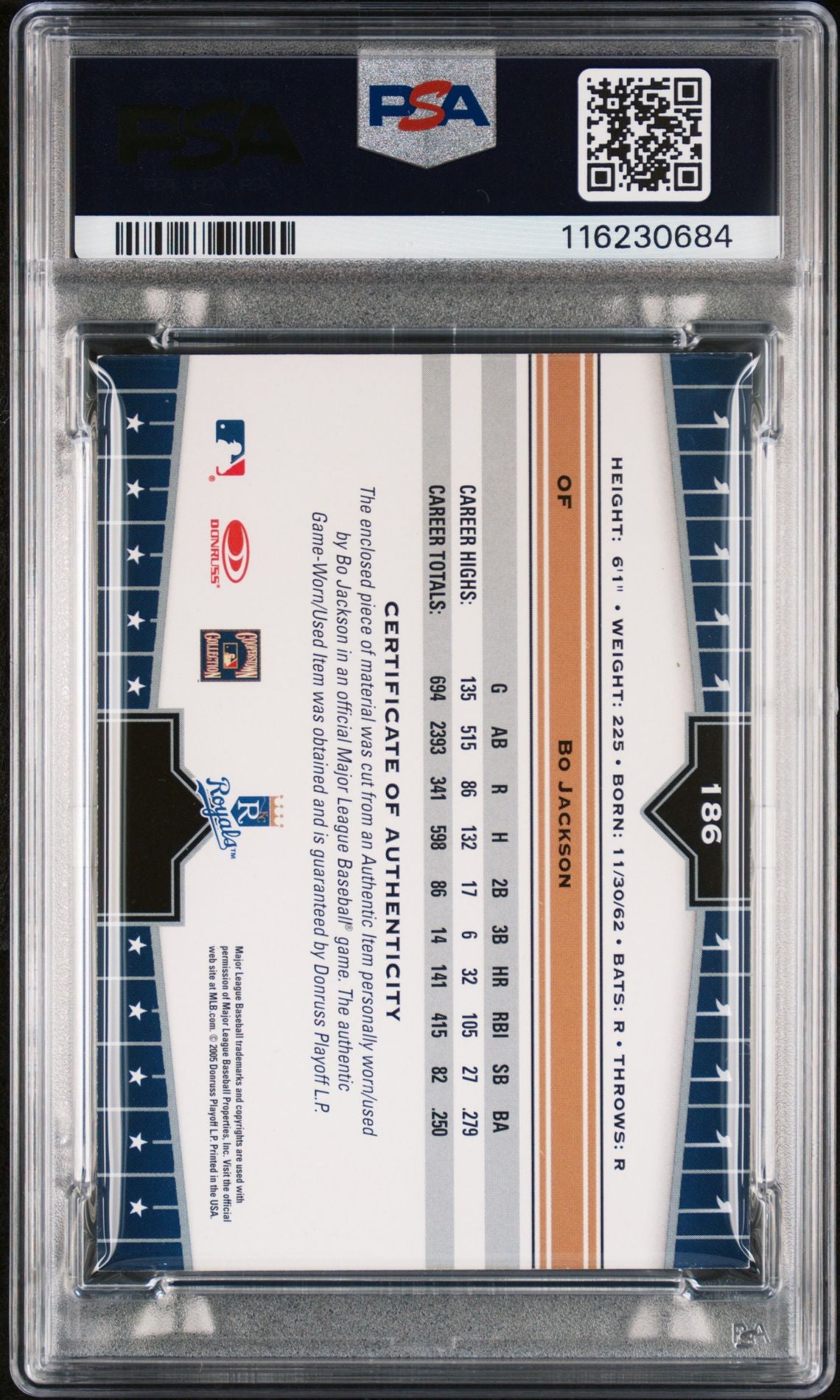Bo Jackson 2005 Donruss Champions Game Used Bat Baseball Signed Card #186 Auto Graded PSA 10 Cert # 116230684
