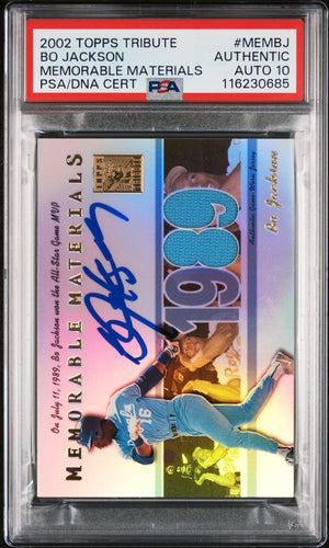 Bo Jackson 2002 Topps Tribute Memorable Materials Game Worn Jersey Baseball Signed Card #MEMBJ Auto Graded PSA 10 Cert # 116230685-Powers Sports Memorabilia