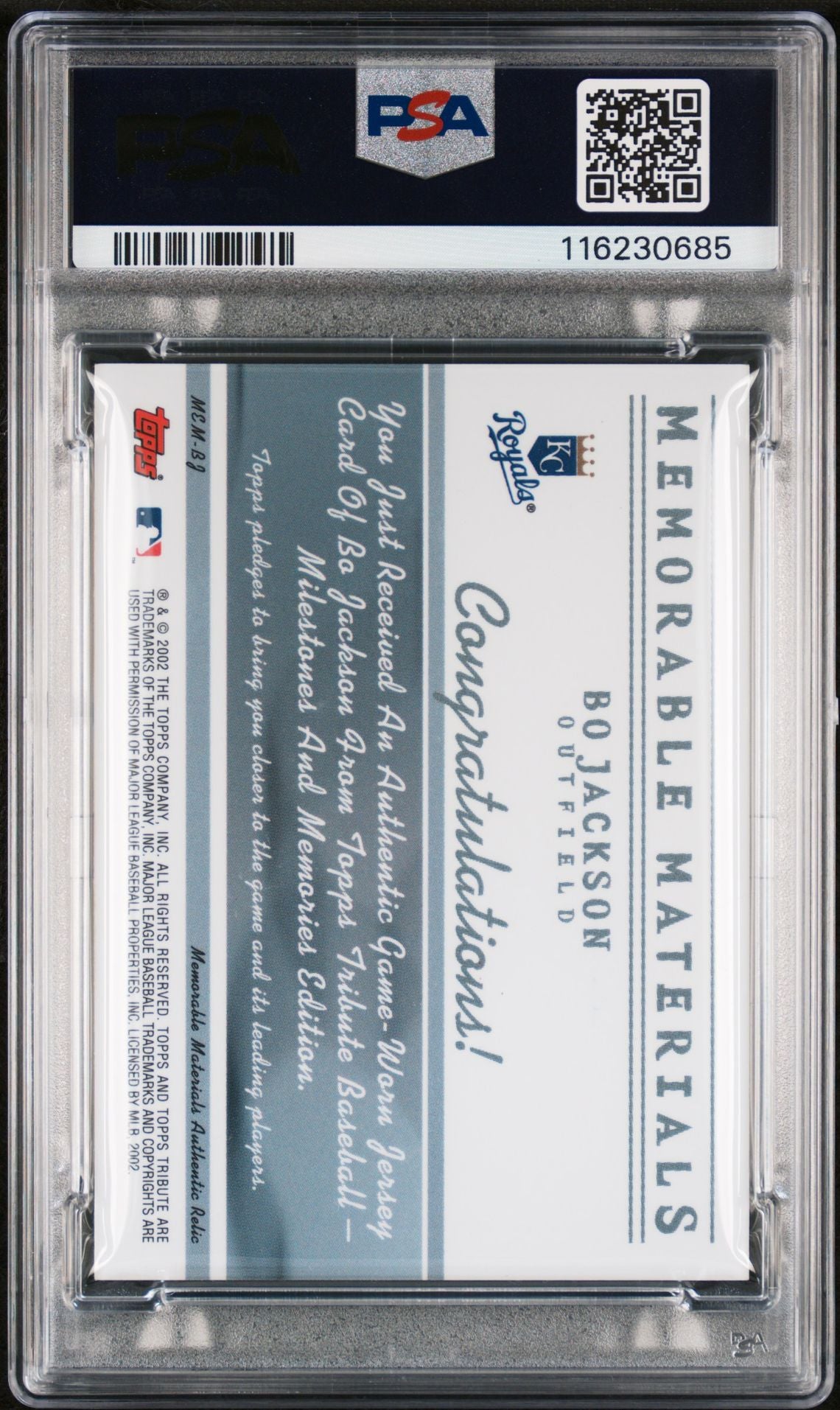 Bo Jackson 2002 Topps Tribute Memorable Materials Game Worn Jersey Baseball Signed Card #MEMBJ Auto Graded PSA 10 Cert # 116230685