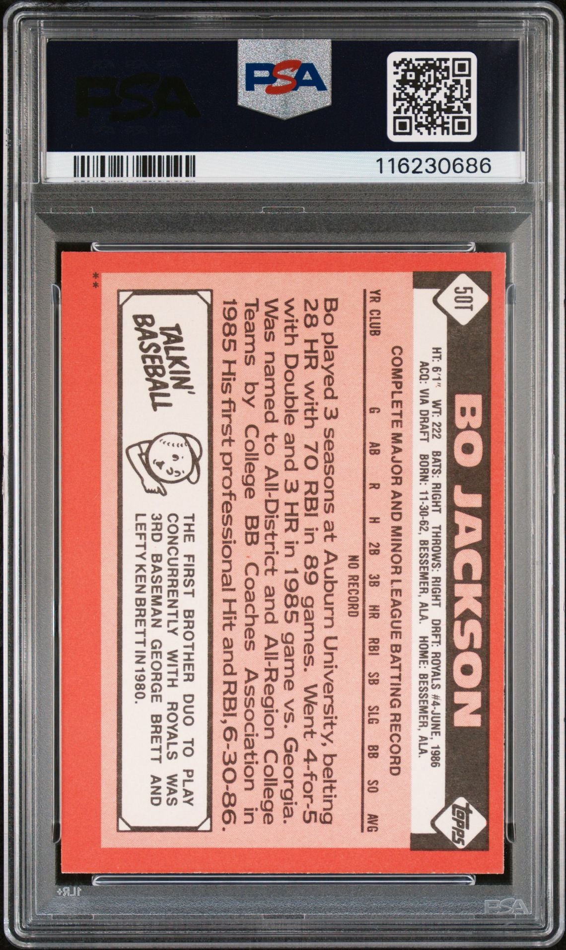 Bo Jackson 1986 Topps Traded Signed Baseball Rookie Card #50T Auto Graded PSA 10 Cert # 116230686