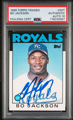 Bo Jackson 1986 Topps Traded Signed Baseball Rookie Card #50T Auto Graded PSA 10 Cert # 116230687-Powers Sports Memorabilia