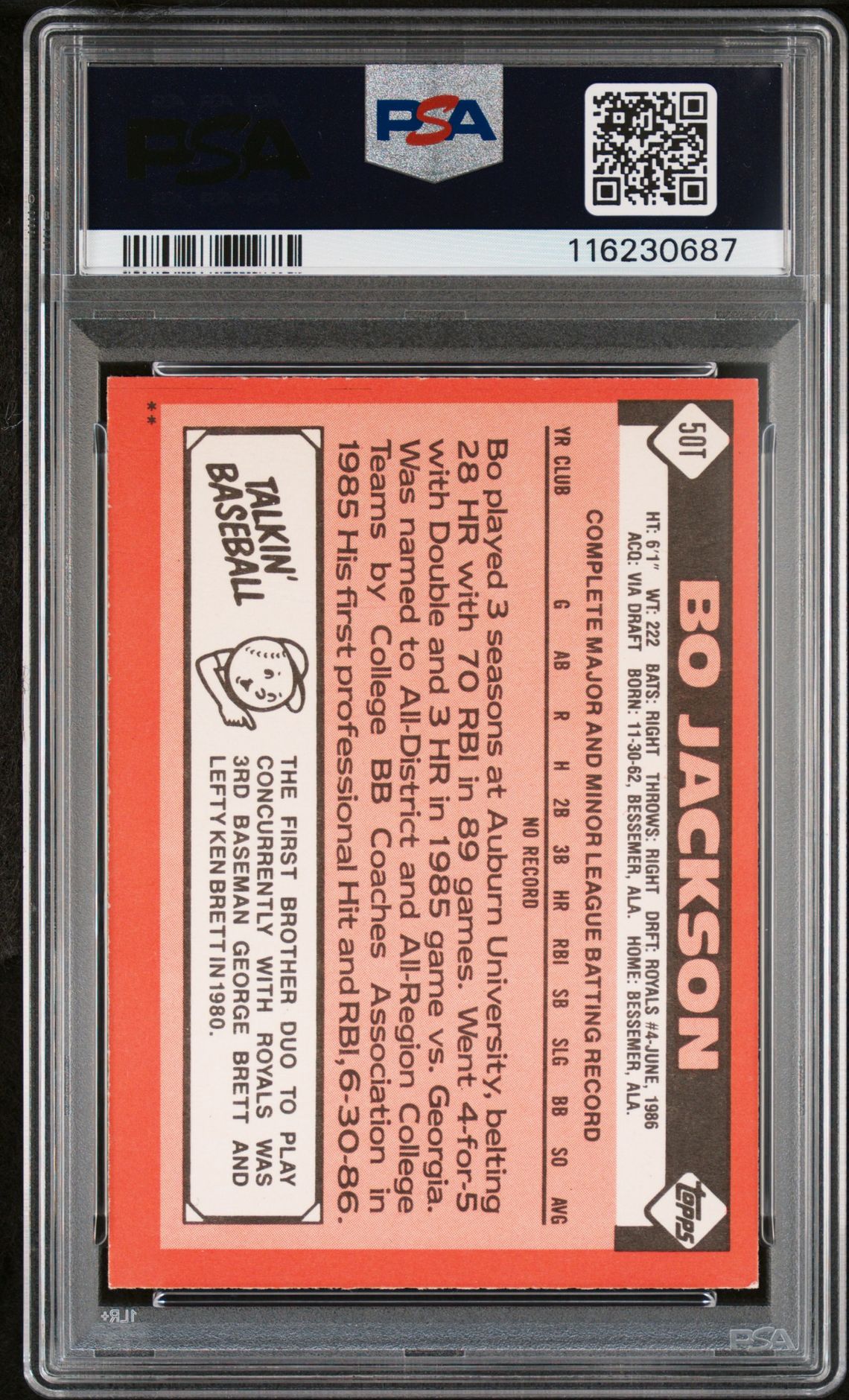 Bo Jackson 1986 Topps Traded Signed Baseball Rookie Card #50T Auto Graded PSA 10 Cert # 116230687