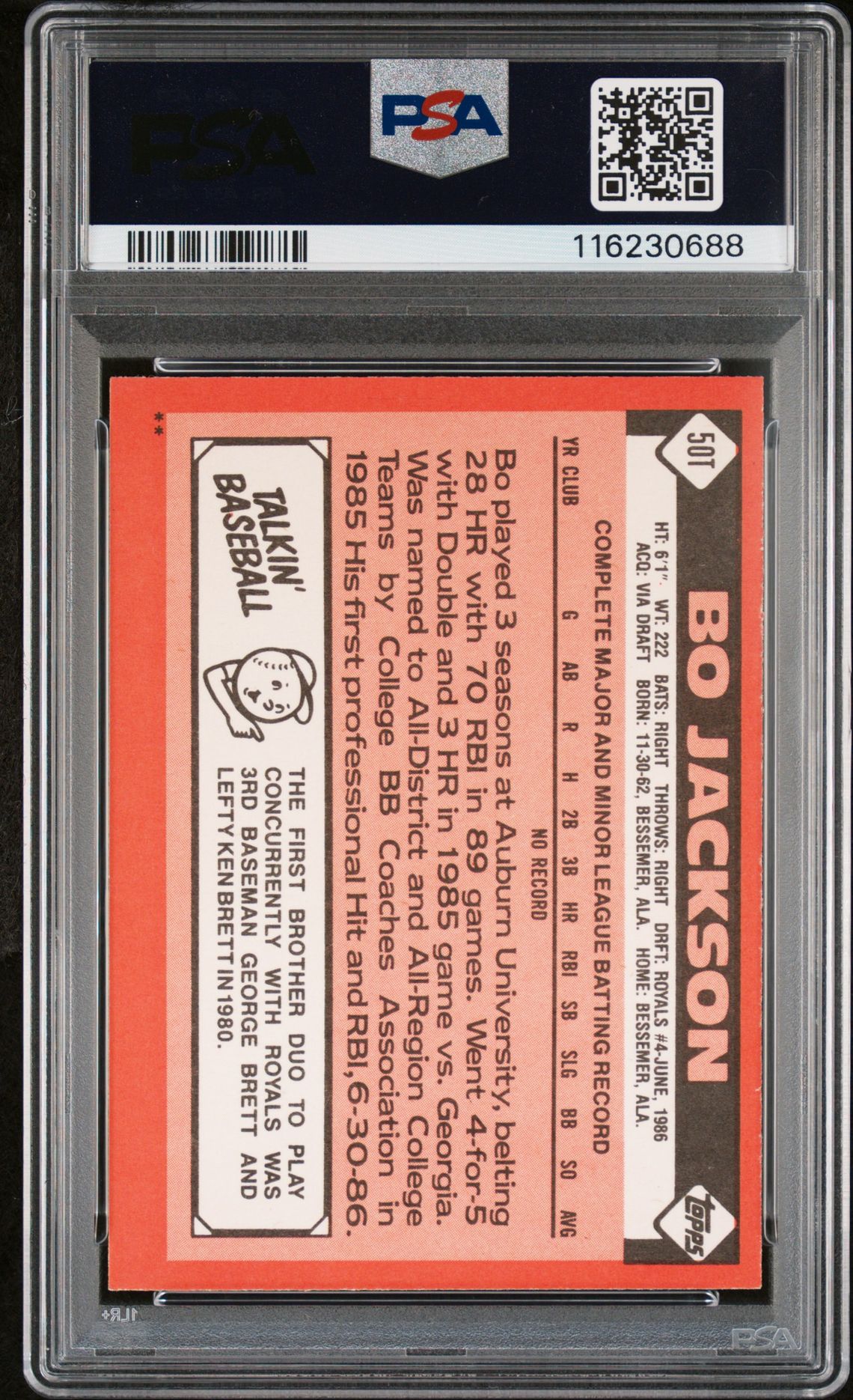 Bo Jackson 1986 Topps Traded Signed Baseball Rookie Card #50T Auto Graded PSA 10 Cert # 116230688