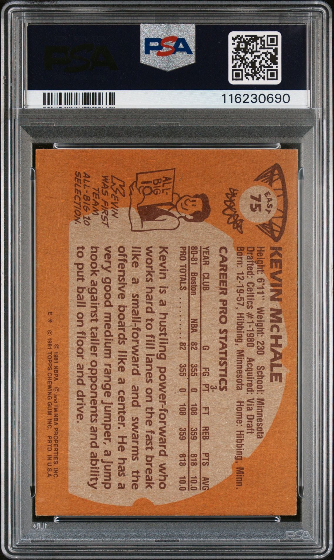 Kevin McHale 1981 Topps East Signed Basketball Rookie Card #75 Auto Graded PSA 10 Cert # 116230690