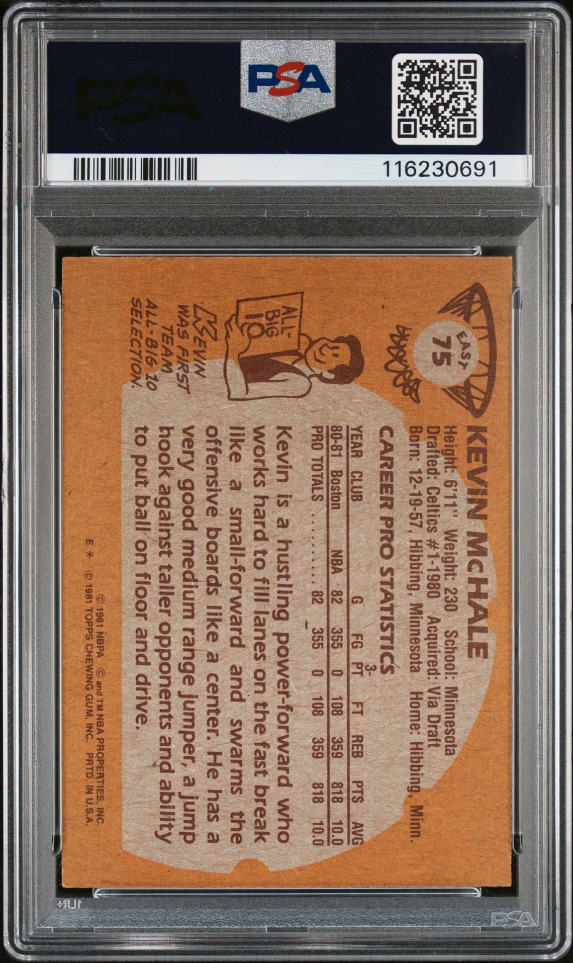 Kevin McHale 1981 Topps East Signed Basketball Rookie Card #75 Auto Graded PSA 10 Cert # 116230691-Powers Sports Memorabilia