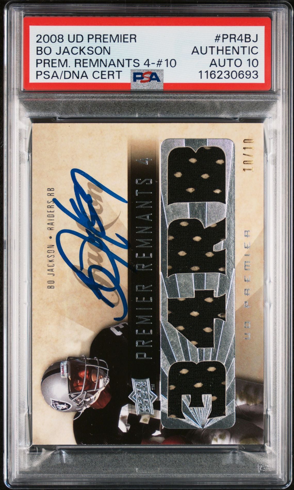 Bo Jackson 2008 Upper Deck Premier Remnants Game Used Jersey Signed Football Card #PR4BJ Auto Graded PSA 10 10/10 Cert # 116230693-Powers Sports Memorabilia