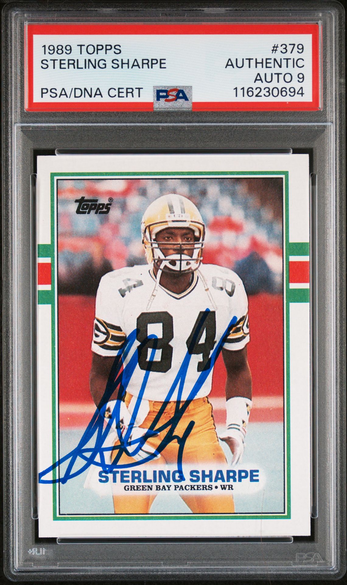 Sterling Sharpe 1989 Topps Signed Football Rookie Card #379 Auto Graded PSA 9 Cert # 116230694-Powers Sports Memorabilia