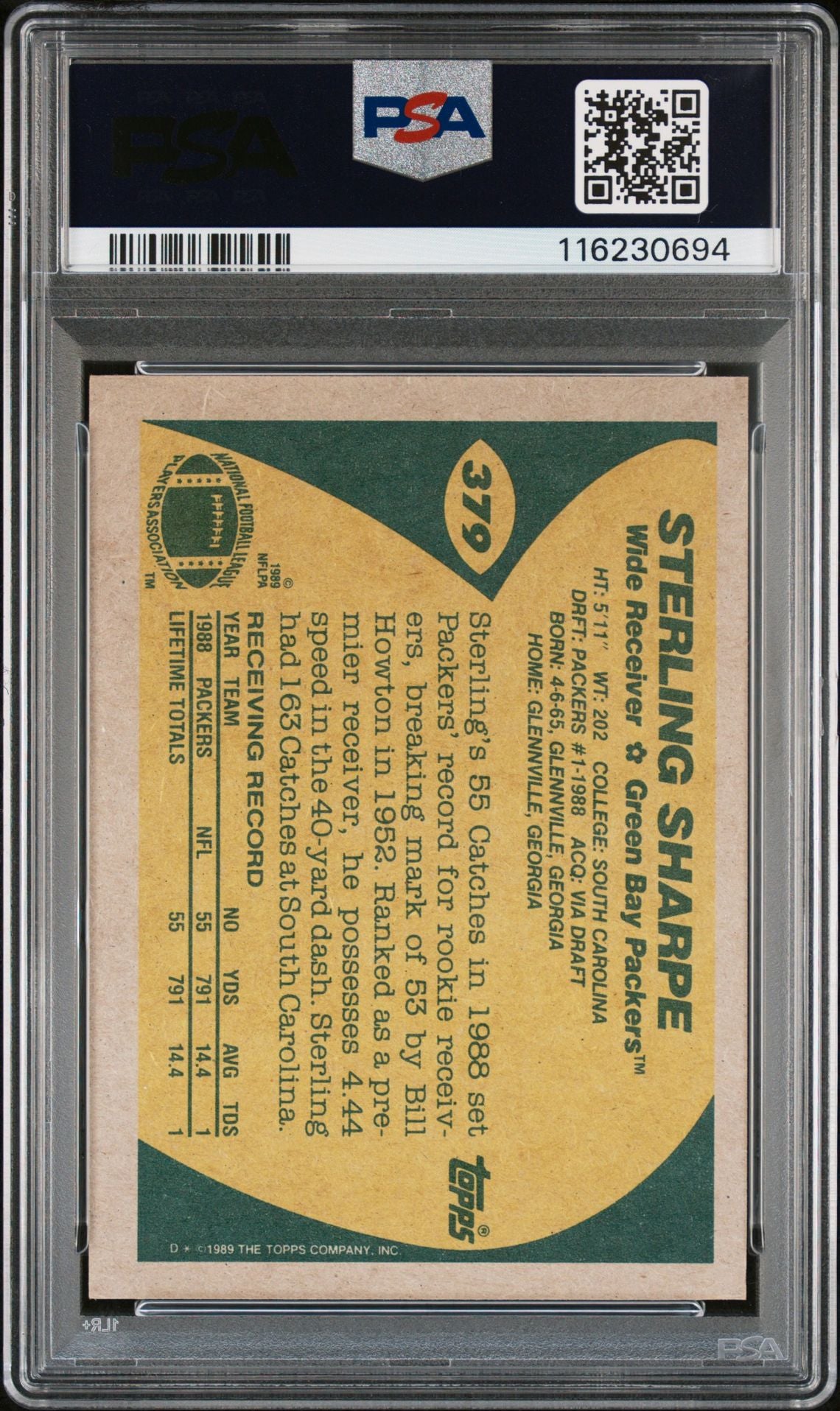 Sterling Sharpe 1989 Topps Signed Football Rookie Card #379 Auto Graded PSA 9 Cert # 116230694-Powers Sports Memorabilia
