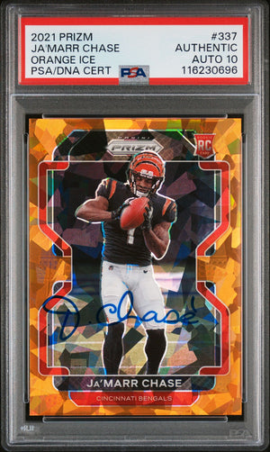 Ja'Marr Chase 2021 Panini Prizm Orange Ice Signed Football Rookie Card #337 Auto Graded 10 Cert # 116230696-Powers Sports Memorabilia
