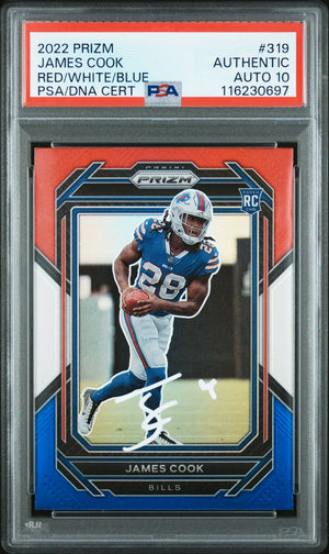 James Cook 2022 Panini Prizm Red White Blue Signed Football Rookie Card #319 Auto Graded PSA 10 Cert # 116230697