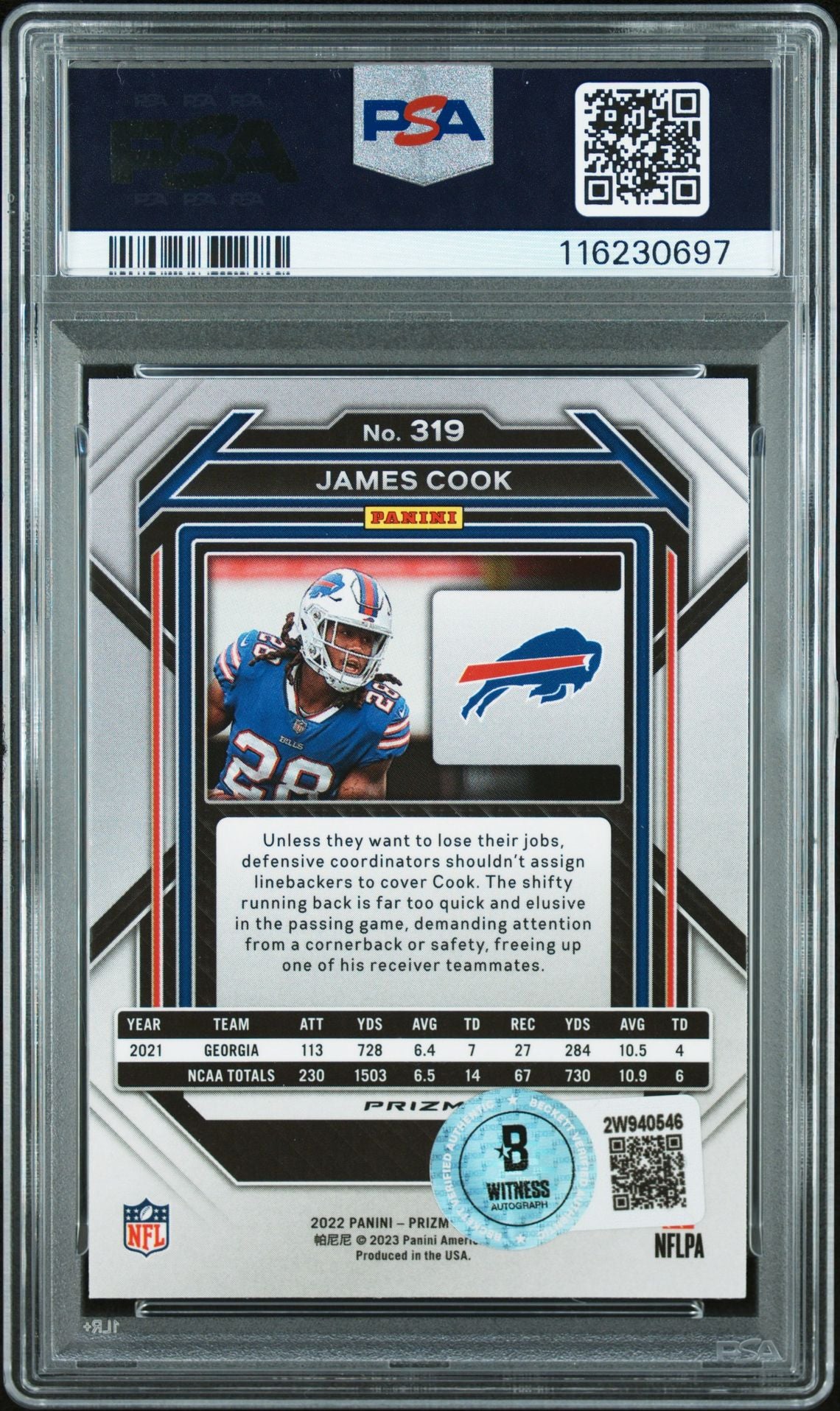 James Cook 2022 Panini Prizm Red White Blue Signed Football Rookie Card #319 Auto Graded PSA 10 Cert # 116230697
