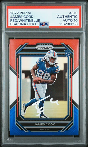 James Cook 2022 Panini Prizm Red White Blue Signed Football Rookie Card #319 Auto Graded PSA 10 Cert # 116230698