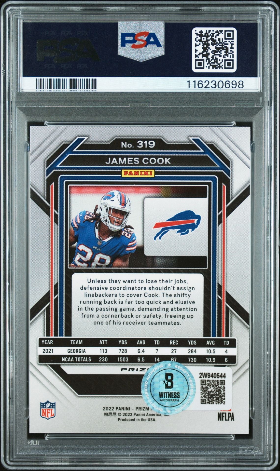 James Cook 2022 Panini Prizm Red White Blue Signed Football Rookie Card #319 Auto Graded PSA 10 Cert # 116230698
