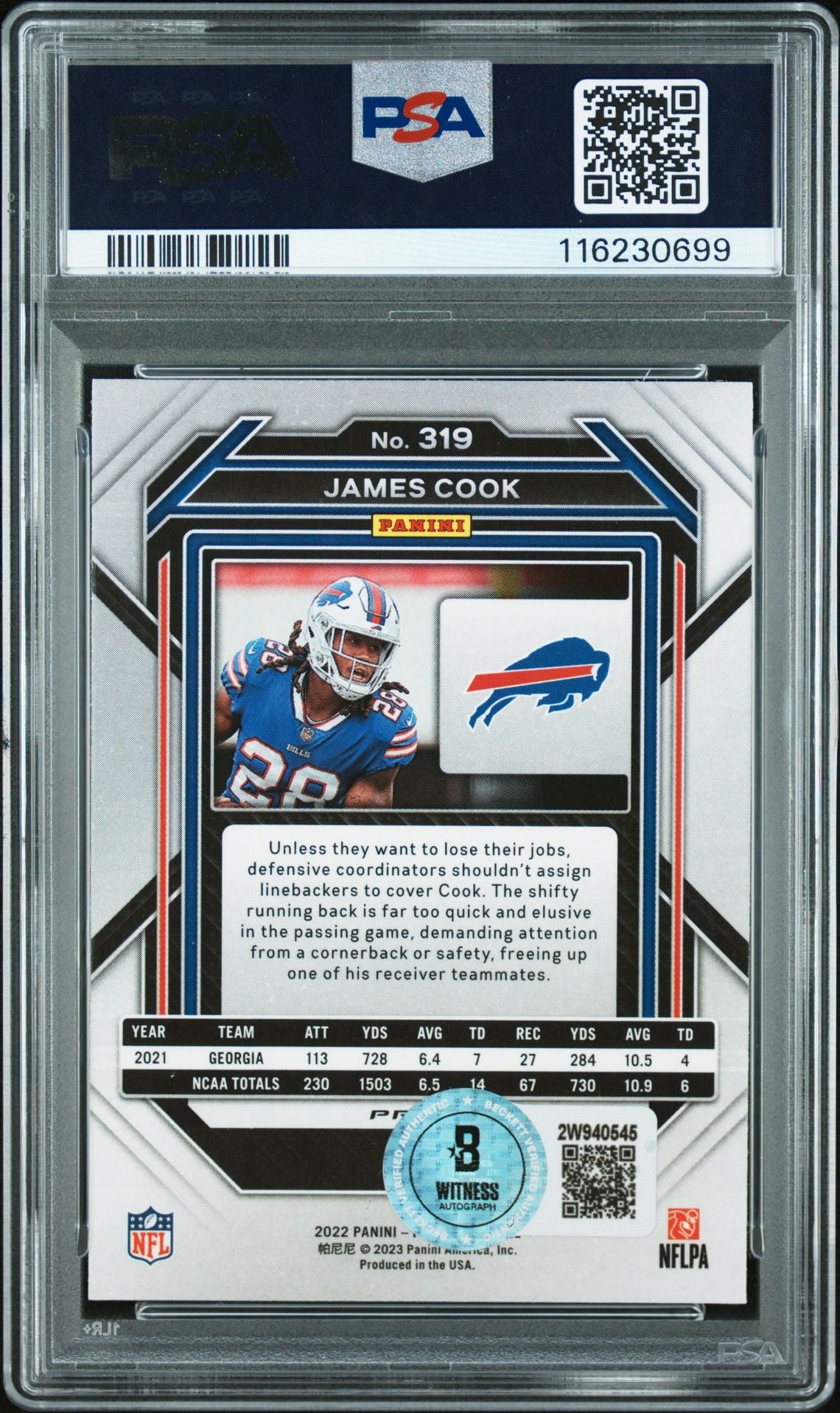 James Cook 2022 Panini Prizm Red White Blue Signed Football Rookie Card #319 Auto Graded PSA 10 Cert # 116230699