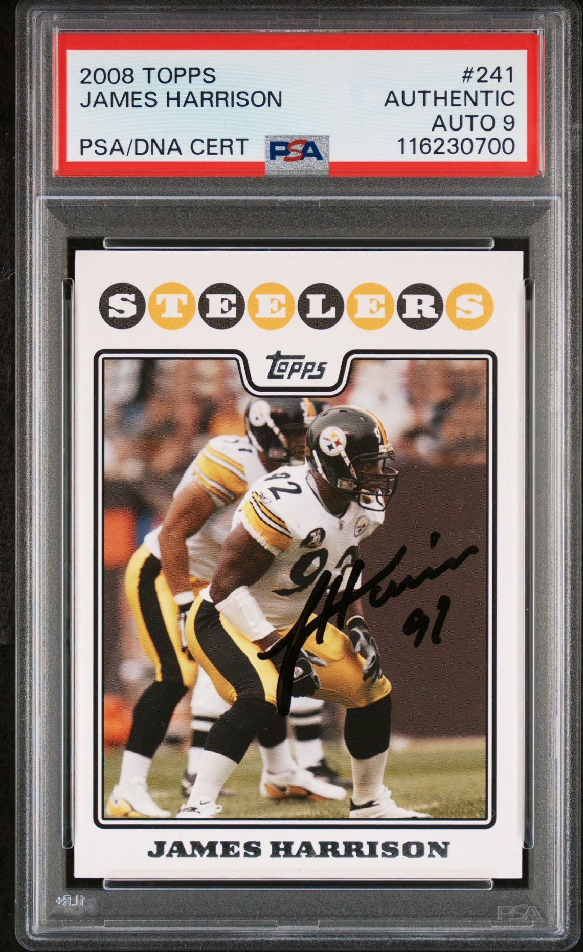 James Harrison 2008 Topps Signed Football Rookie Card #241 Auto Graded PSA 9 Cert # 116230700-Powers Sports Memorabilia