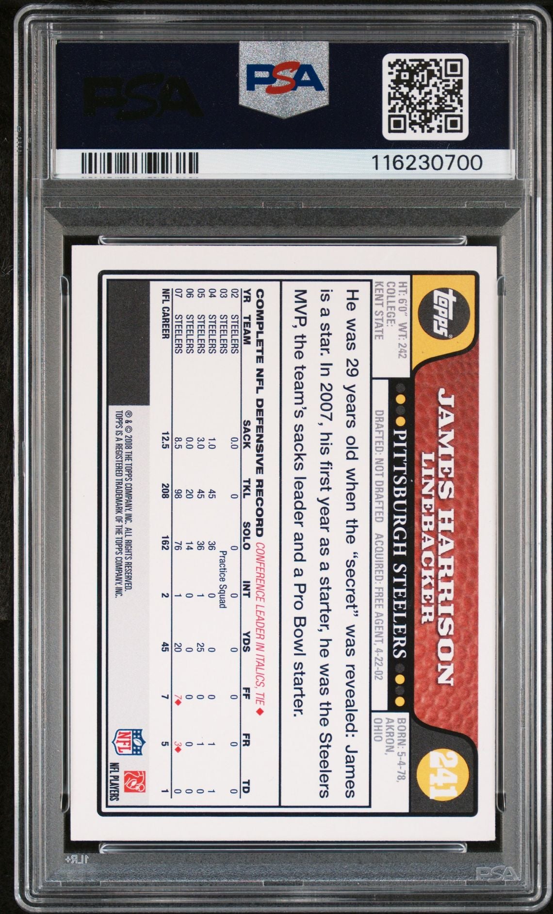 James Harrison 2008 Topps Signed Football Rookie Card #241 Auto Graded PSA 9 Cert # 116230700-Powers Sports Memorabilia