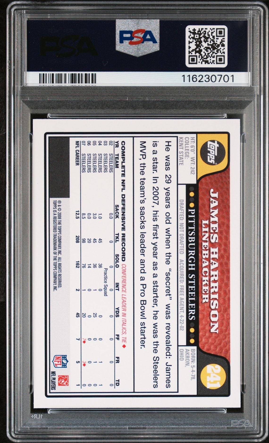 James Harrison 2008 Topps Signed Football Rookie Card #241 Auto Graded PSA 10 Cert # 116230701-Powers Sports Memorabilia