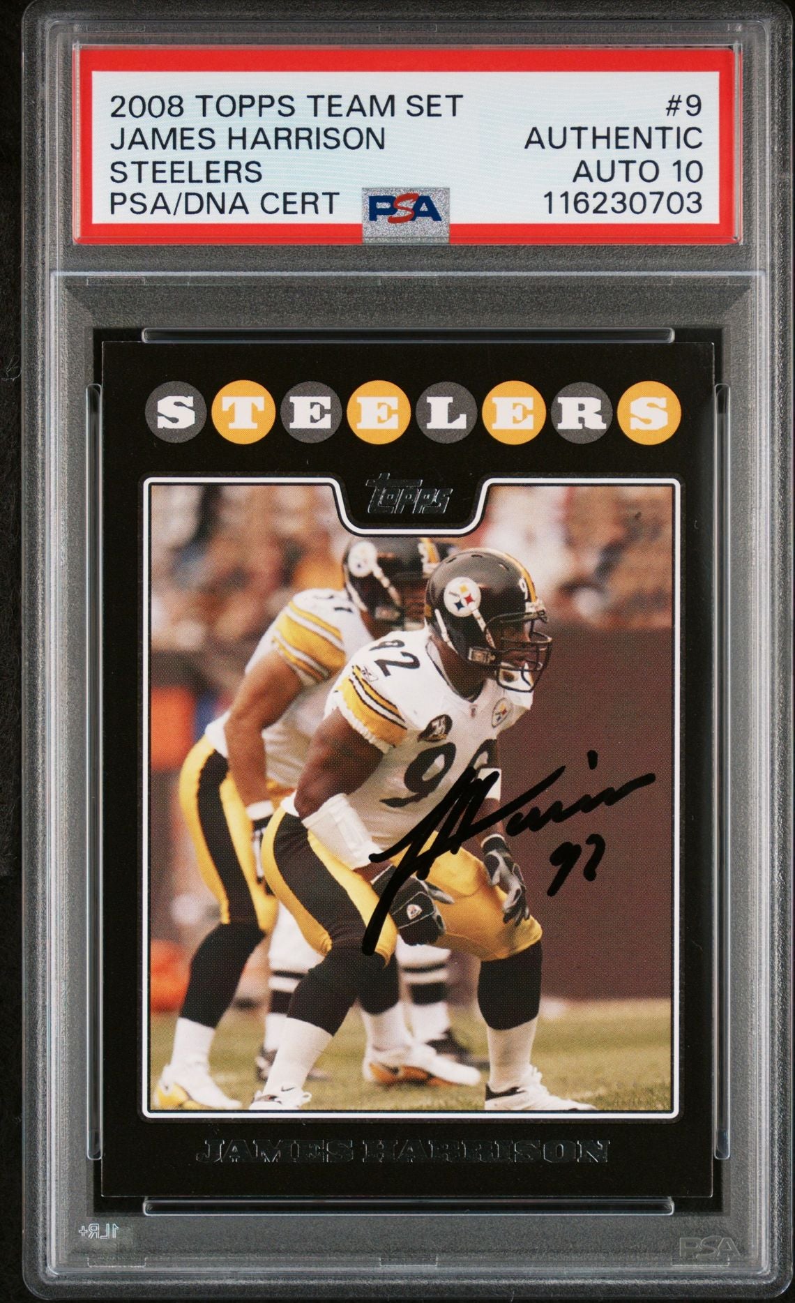 James Harrison 2008 Topps Team Set Steelers Black Signed Football Rookie Card #9 Auto Graded PSA 10 Cert # 116230703-Powers Sports Memorabilia