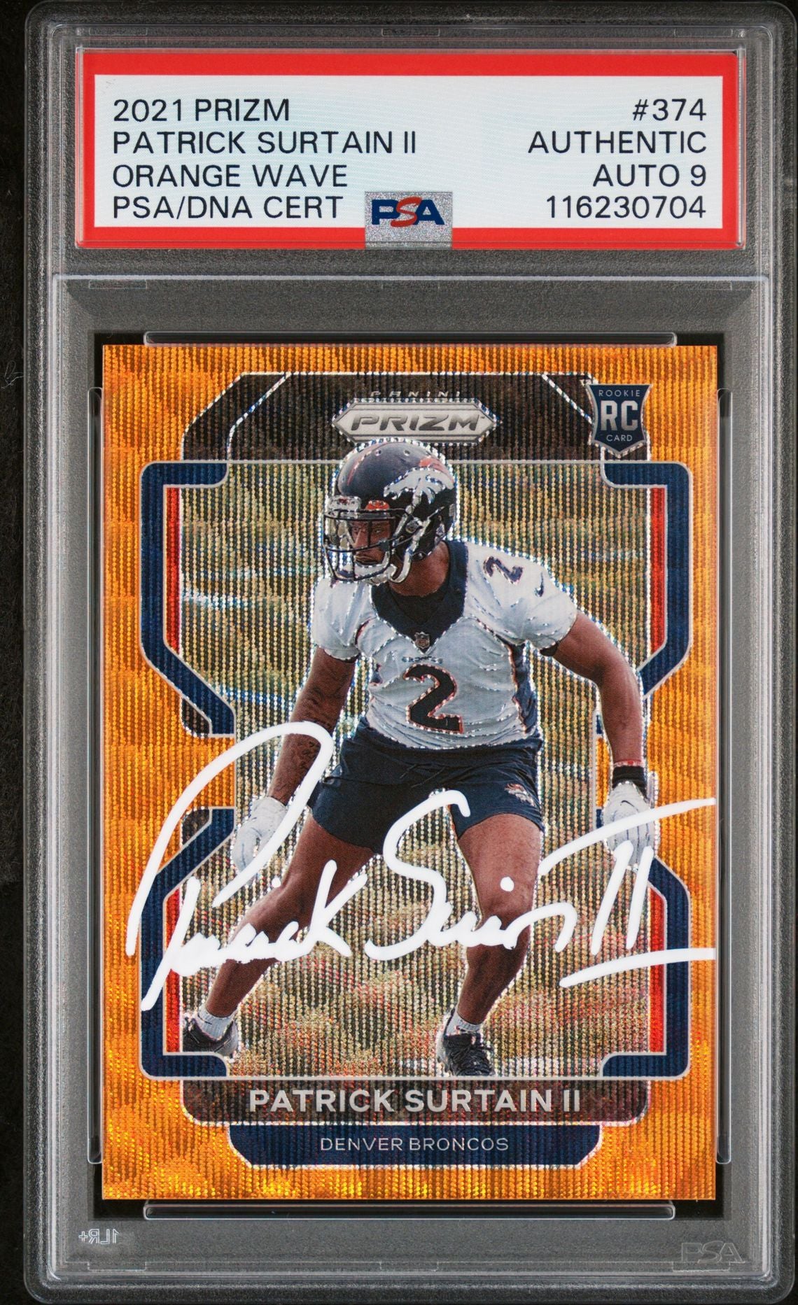 Patrick Surtain II 2021 Panini Prizm Orange Wave Signed Football Rookie Card #374 Auto Graded PSA 9 55/60 Cert # 116230704-Powers Sports Memorabilia