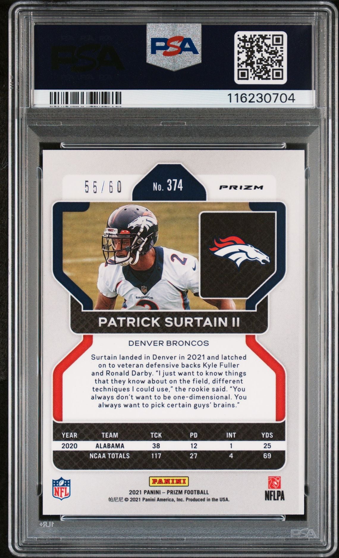 Patrick Surtain II 2021 Panini Prizm Orange Wave Signed Football Rookie Card #374 Auto Graded PSA 9 55/60 Cert # 116230704-Powers Sports Memorabilia