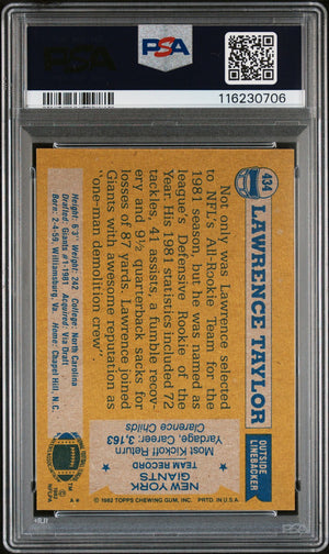 Lawrence Taylor 1982 Topps All-Pro Signed Football Rookie Card #434 Auto Graded PSA 9 Cert # 116230706-Powers Sports Memorabilia