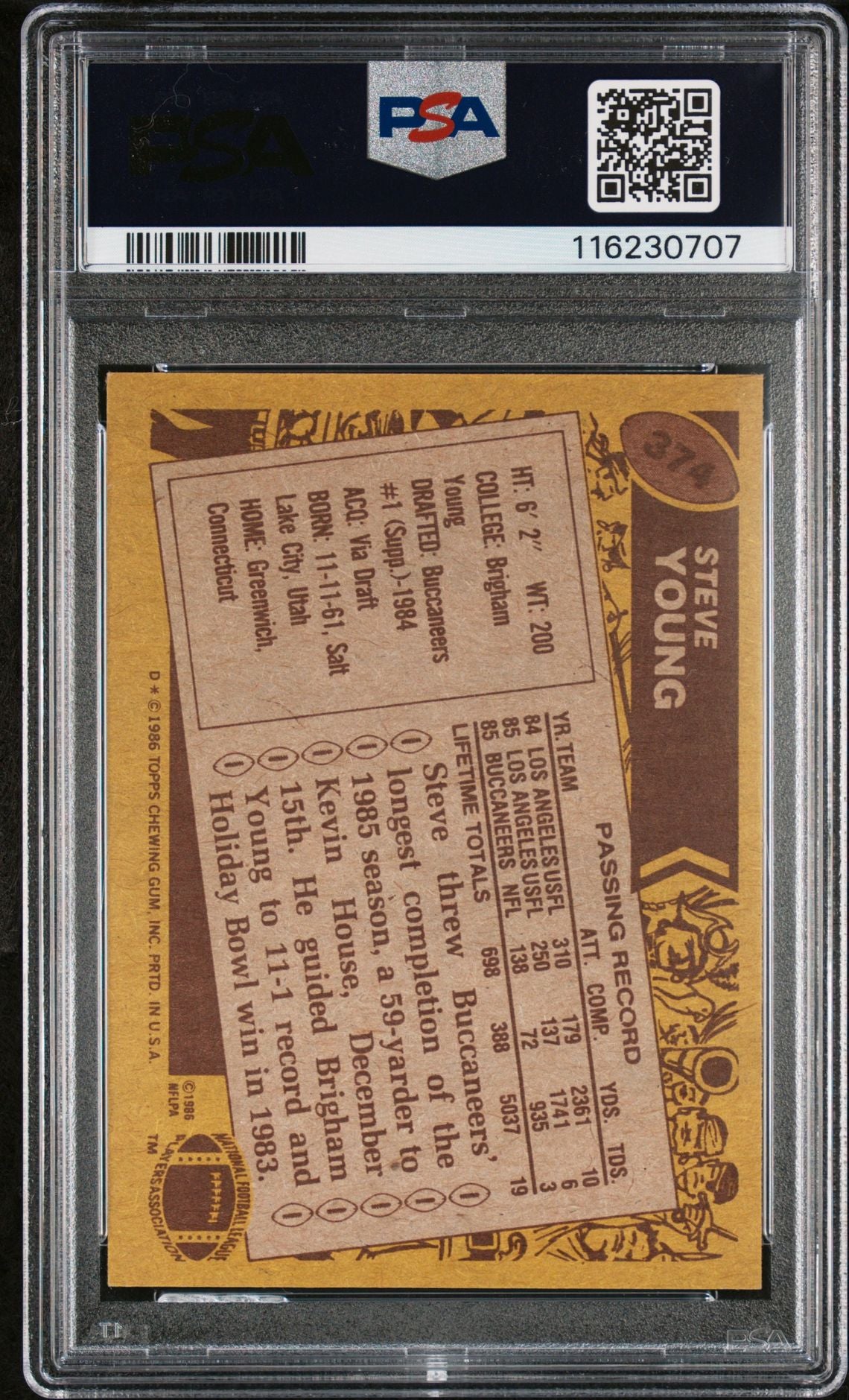 Steve Young 1986 Topps Signed Football Rookie Card #374 Auto Graded PSA 10 Cert # 116230707-Powers Sports Memorabilia