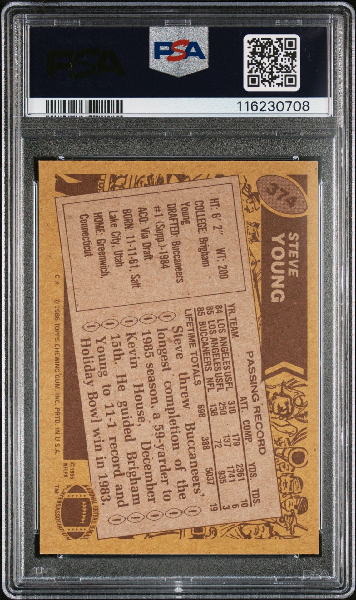 Steve Young 1986 Topps Signed Football Rookie Card #374 Auto Graded PSA 10 Cert # 116230708-Powers Sports Memorabilia