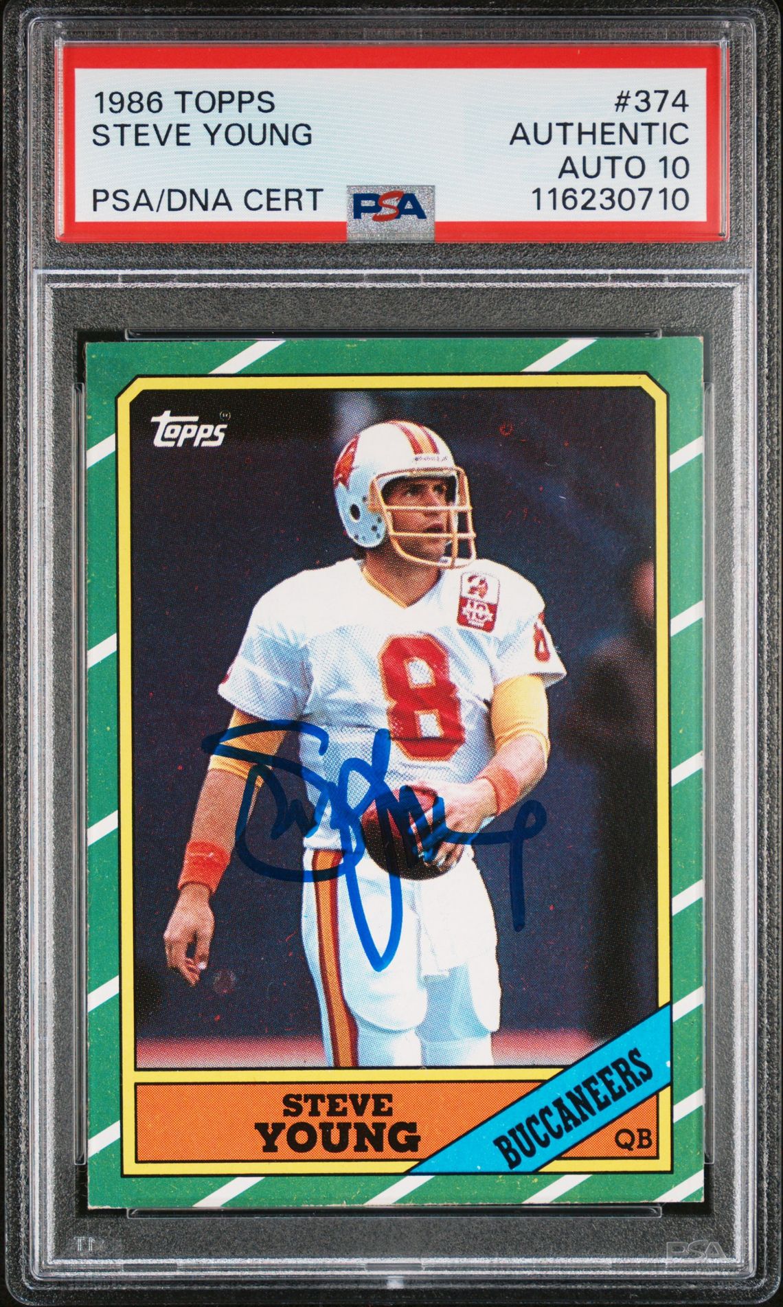 Steve Young 1986 Topps Signed Football Rookie Card #374 Auto Graded PSA 10 Cert # 1162307010-Powers Sports Memorabilia