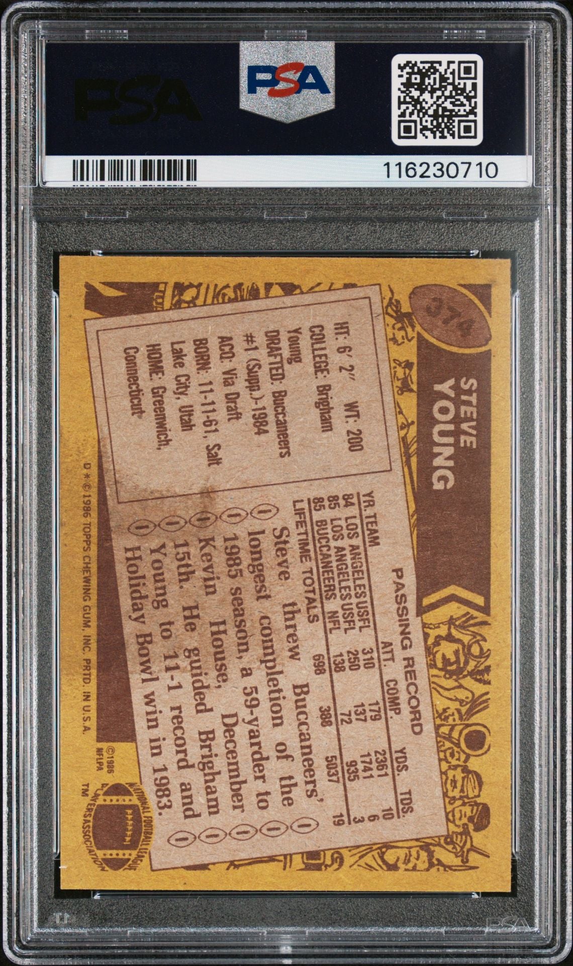 Steve Young 1986 Topps Signed Football Rookie Card #374 Auto Graded PSA 10 Cert # 1162307010-Powers Sports Memorabilia