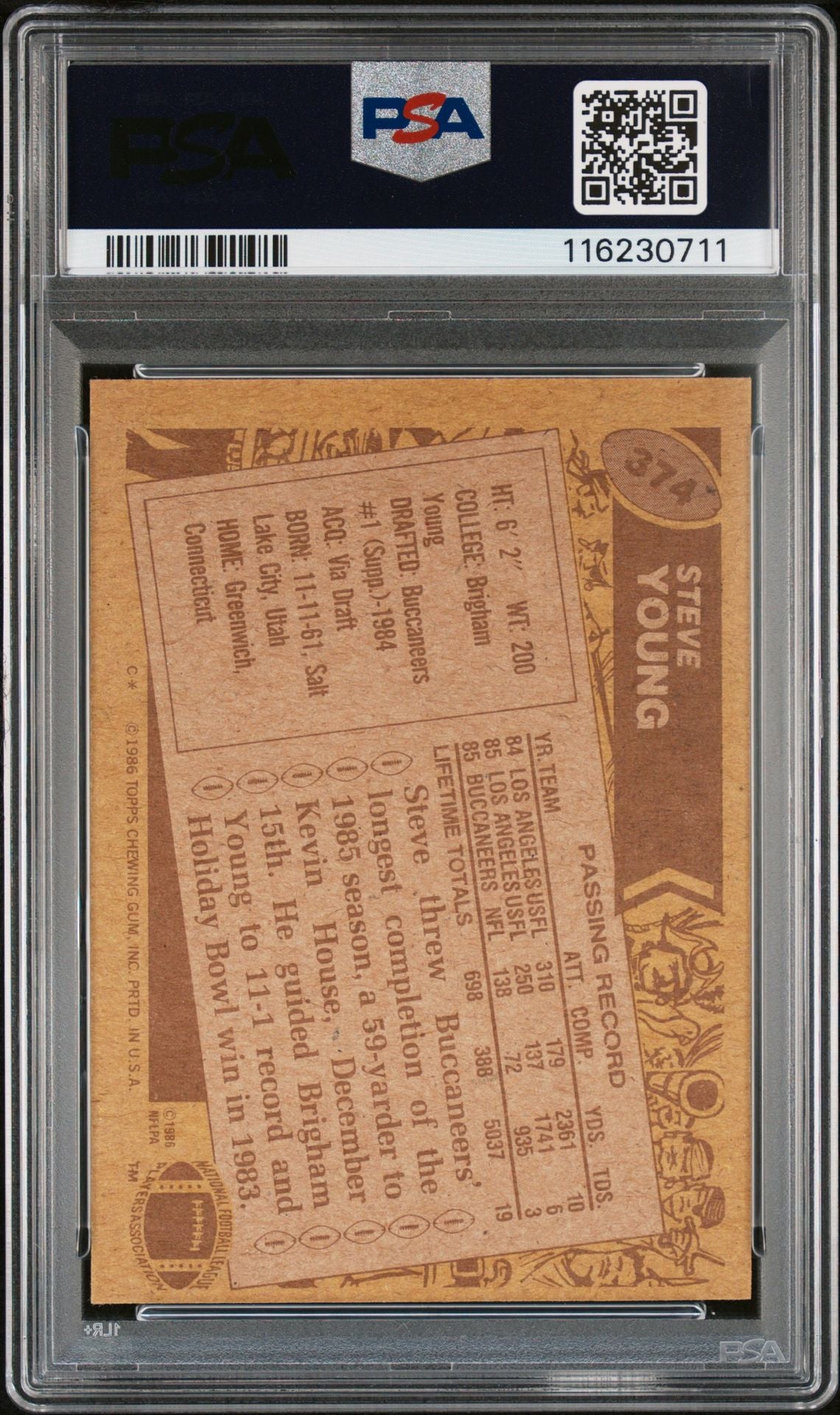 Steve Young 1986 Topps Signed Football Rookie Card #374 Auto Graded PSA 10 Cert # 1162307011-Powers Sports Memorabilia