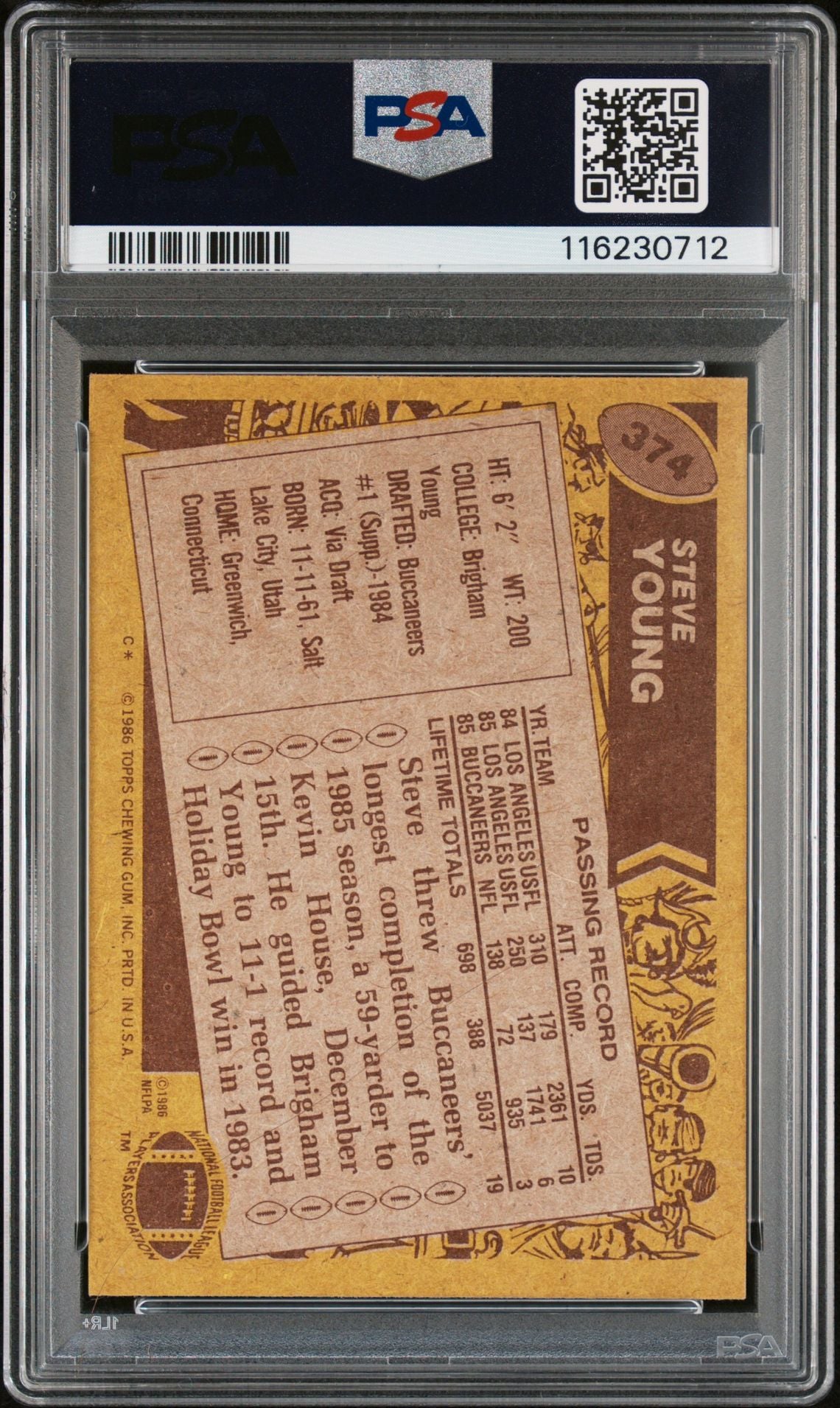 Steve Young 1986 Topps Signed Football Rookie Card #374 Auto Graded PSA 10 Cert # 1162307012-Powers Sports Memorabilia