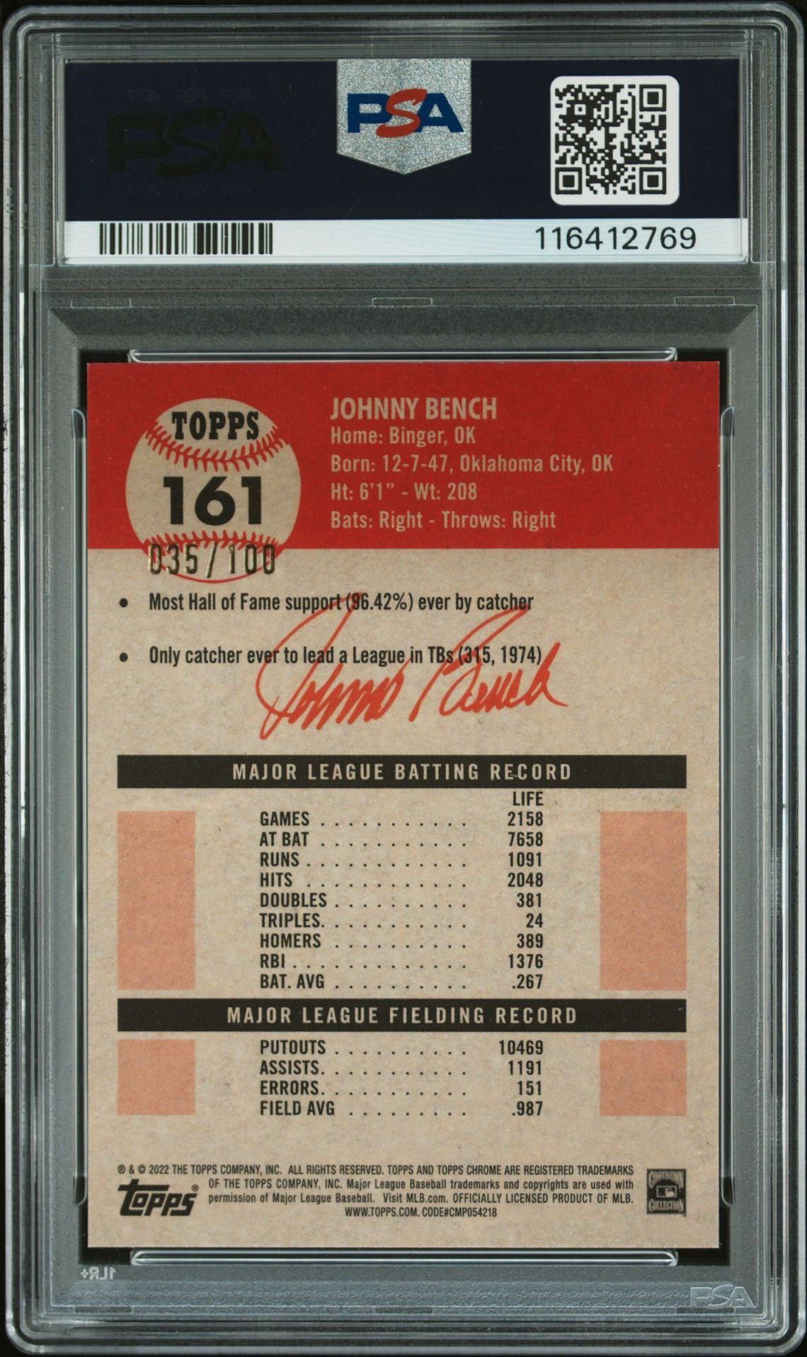 Johnny Bench 2022 Topps Chrome Fuchsia Red Refractor Card #161 Auto PSA 35/100-Powers Sports Memorabilia