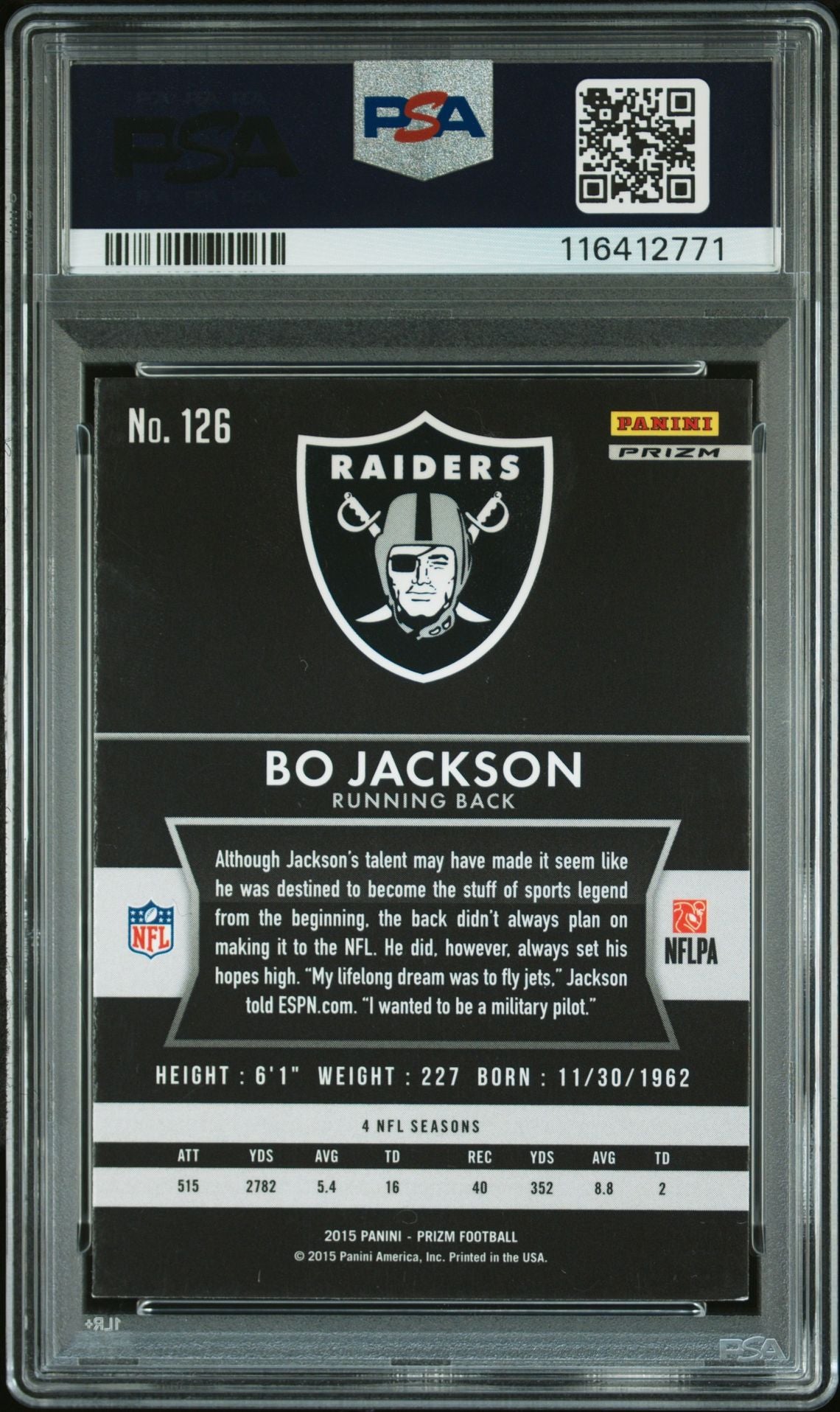 Bo Jackson 2015 Panini Prizm Silver Signed Football Card #126 Auto PSA Authentic