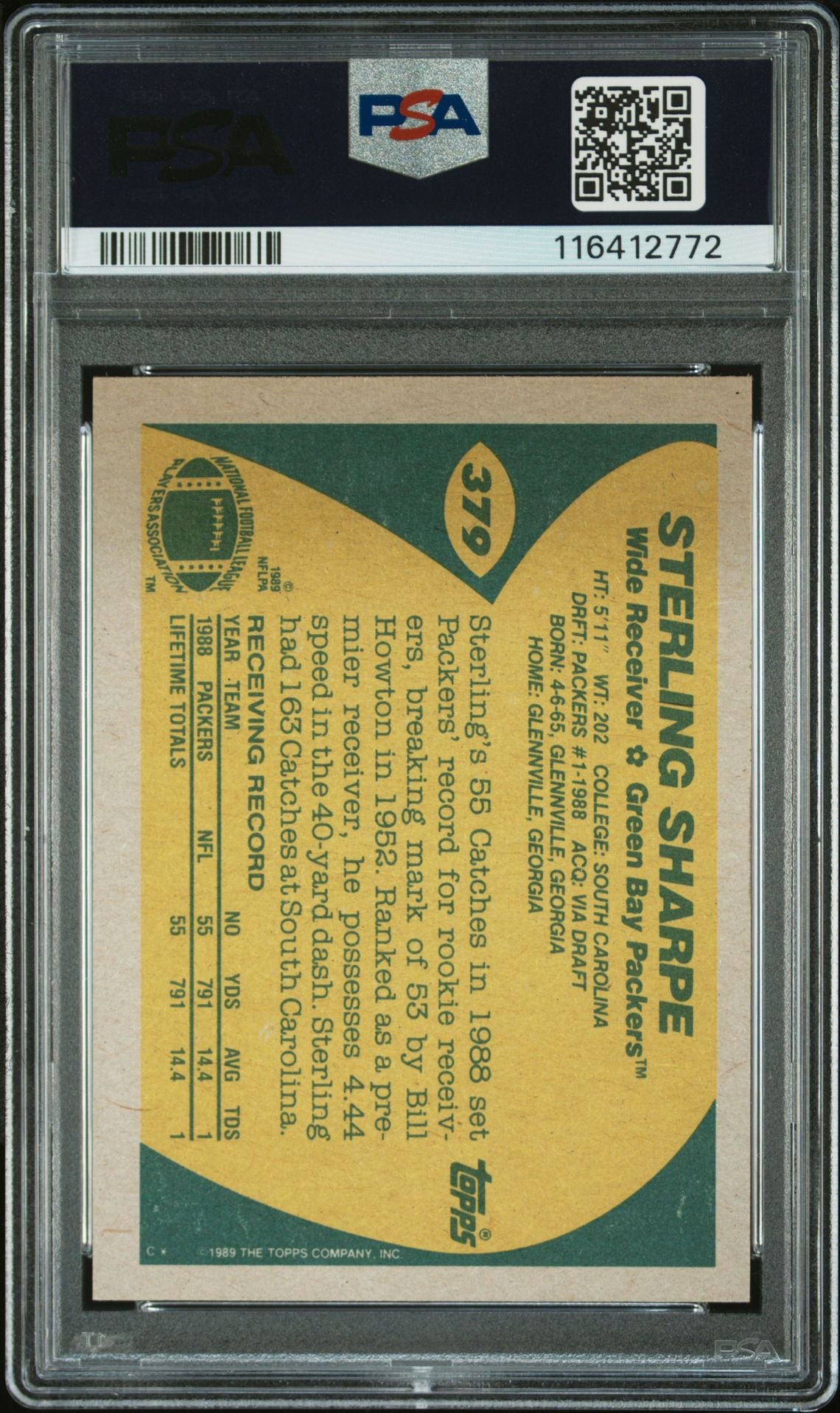 Sterling Sharpe 1989 Topps Signed Football Rookie Card #379 Auto PSA Authentic-Powers Sports Memorabilia