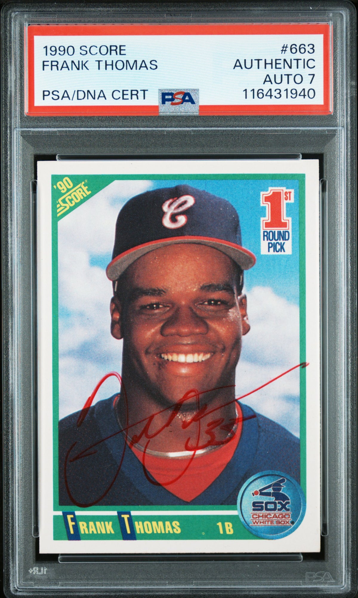 Frank Thomas 1990 Score Chicago White Sox Signed Baseball Rookie Card #663 Graded PSA Authentic Auto 7 Cert #116431940-Powers Sports Memorabilia
