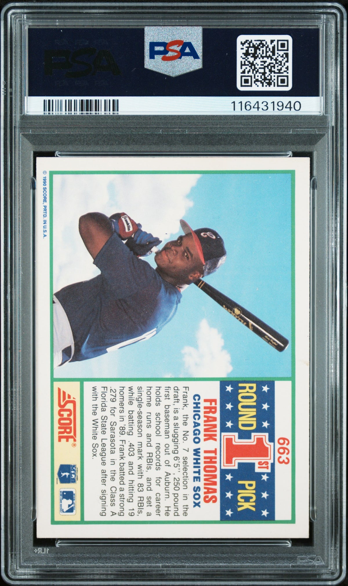 Frank Thomas 1990 Score Chicago White Sox Signed Baseball Rookie Card #663 Graded PSA Authentic Auto 7 Cert #116431940-Powers Sports Memorabilia