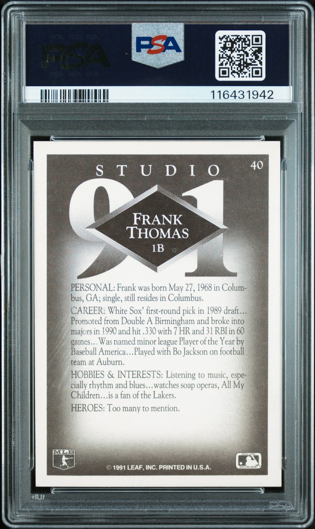 Frank Thomas 1991 Studio Chicago White Sox Signed Baseball Card #40 Graded PSA Authentic Auto 7 Cert #116431942-Powers Sports Memorabilia