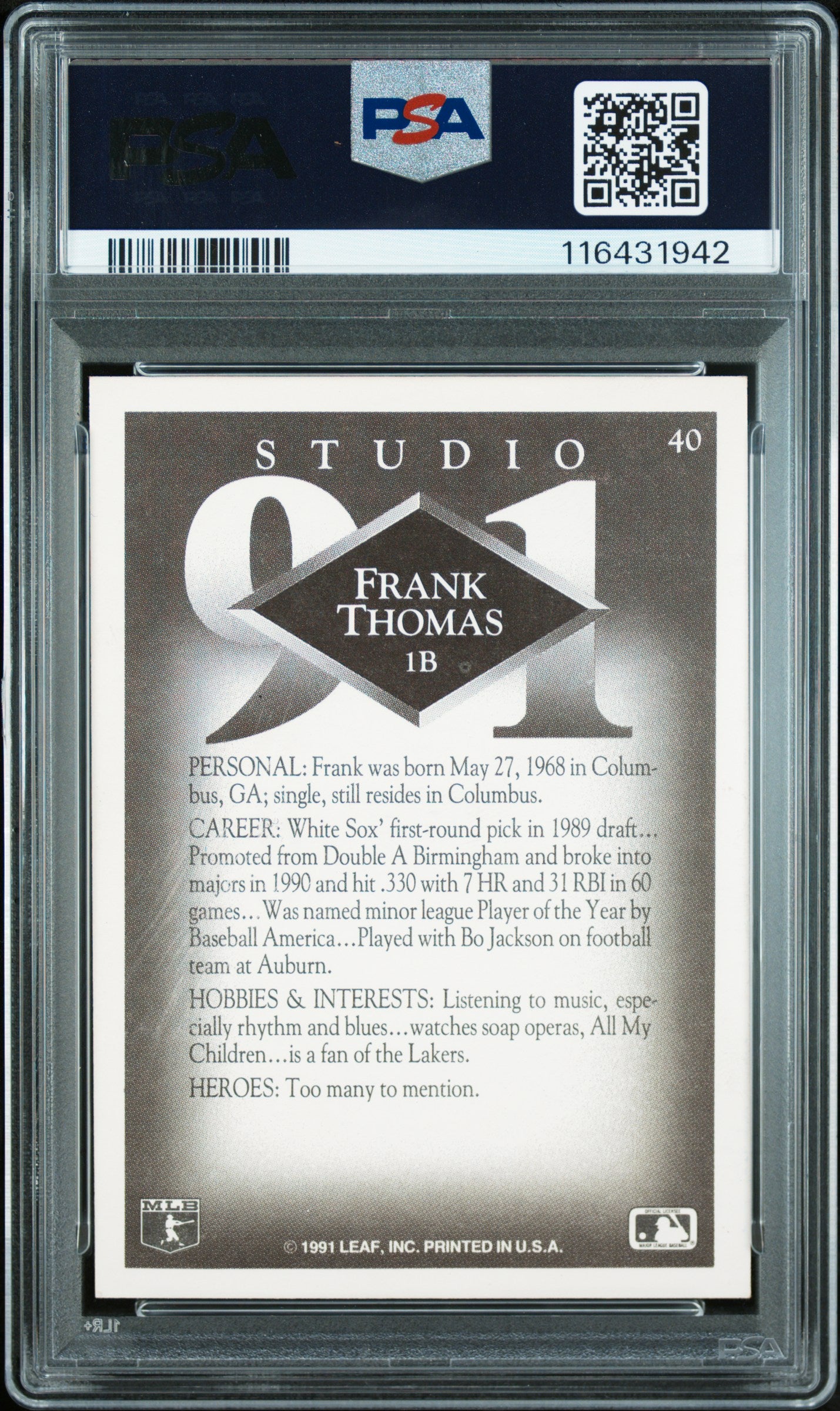 Frank Thomas 1991 Studio Chicago White Sox Signed Baseball Card #40 Graded PSA Authentic Auto 7 Cert #116431942-Powers Sports Memorabilia