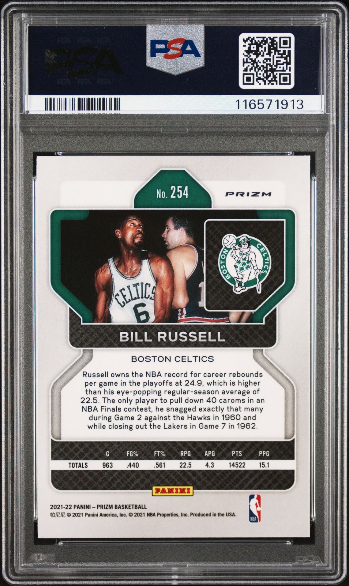 Bill Russell 2021 Panini Prizm Green Prizm Basketball Card #254 Graded PSA 9-Powers Sports Memorabilia