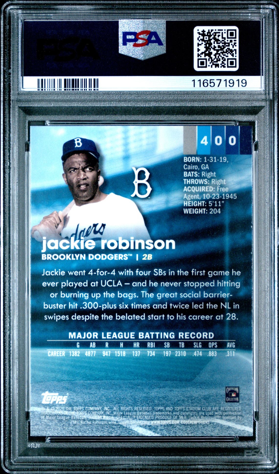 Jackie Robinson 2020 Topps Stadium Club Chrome Card #400 Graded PSA 10-Powers Sports Memorabilia