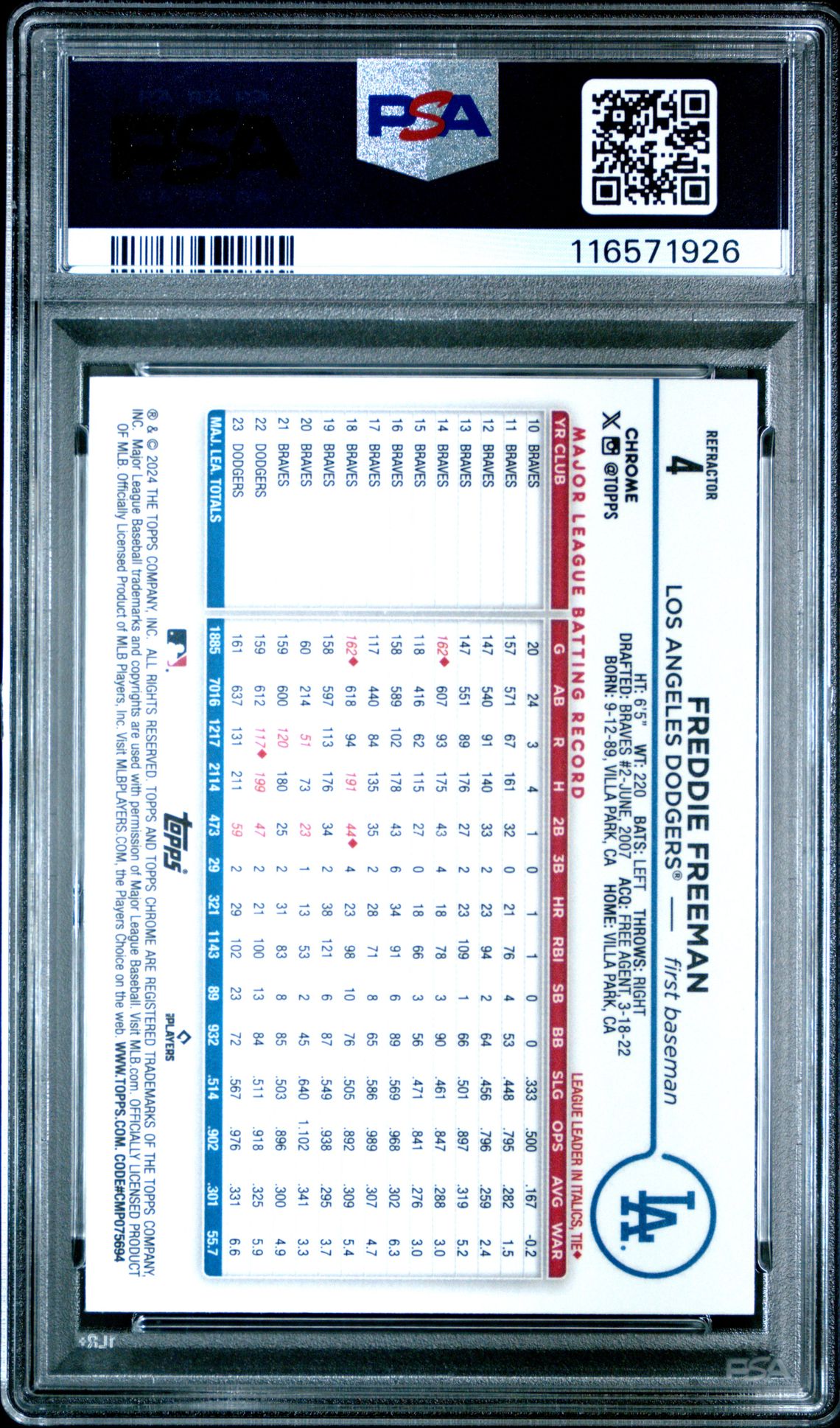 Freddie Freeman 2024 Topps Chrome Refractor Baseball Card #4 Graded PSA 9-Powers Sports Memorabilia