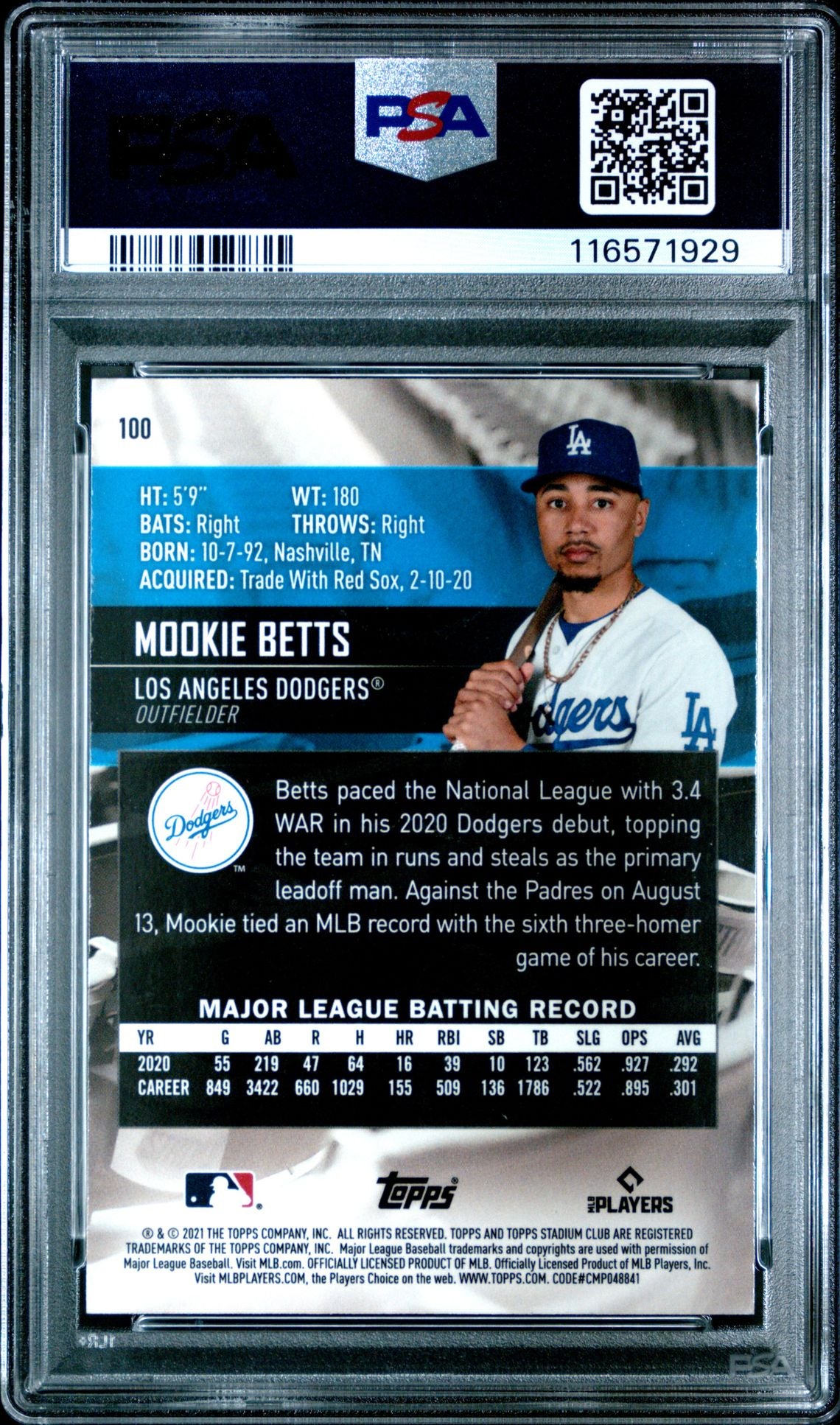 Mookie Betts 2021 Topps Stadium Club Variation Baseball Card #100 Graded PSA 10-Powers Sports Memorabilia