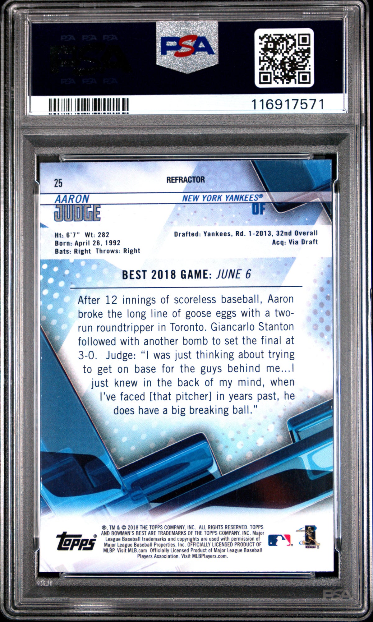 Aaron Judge 2018 Bowman's Best Refractor Card #25 PSA 10
