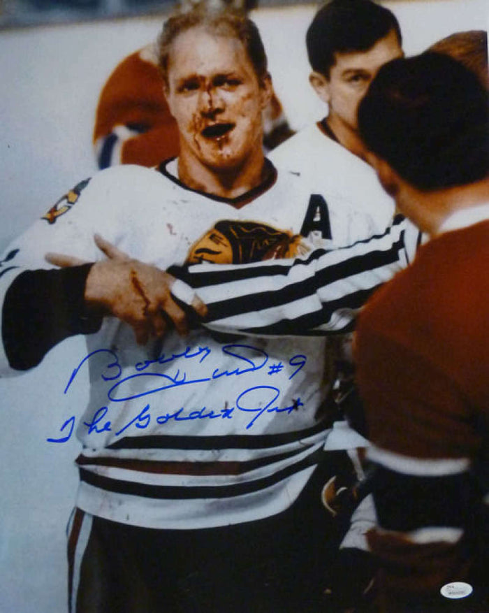 Bobby Hull Signed Bloody Chicago Blackhawks 16x20 Photo w/The Golden Jet – JSA Authenticated-Powers Sports Memorabilia